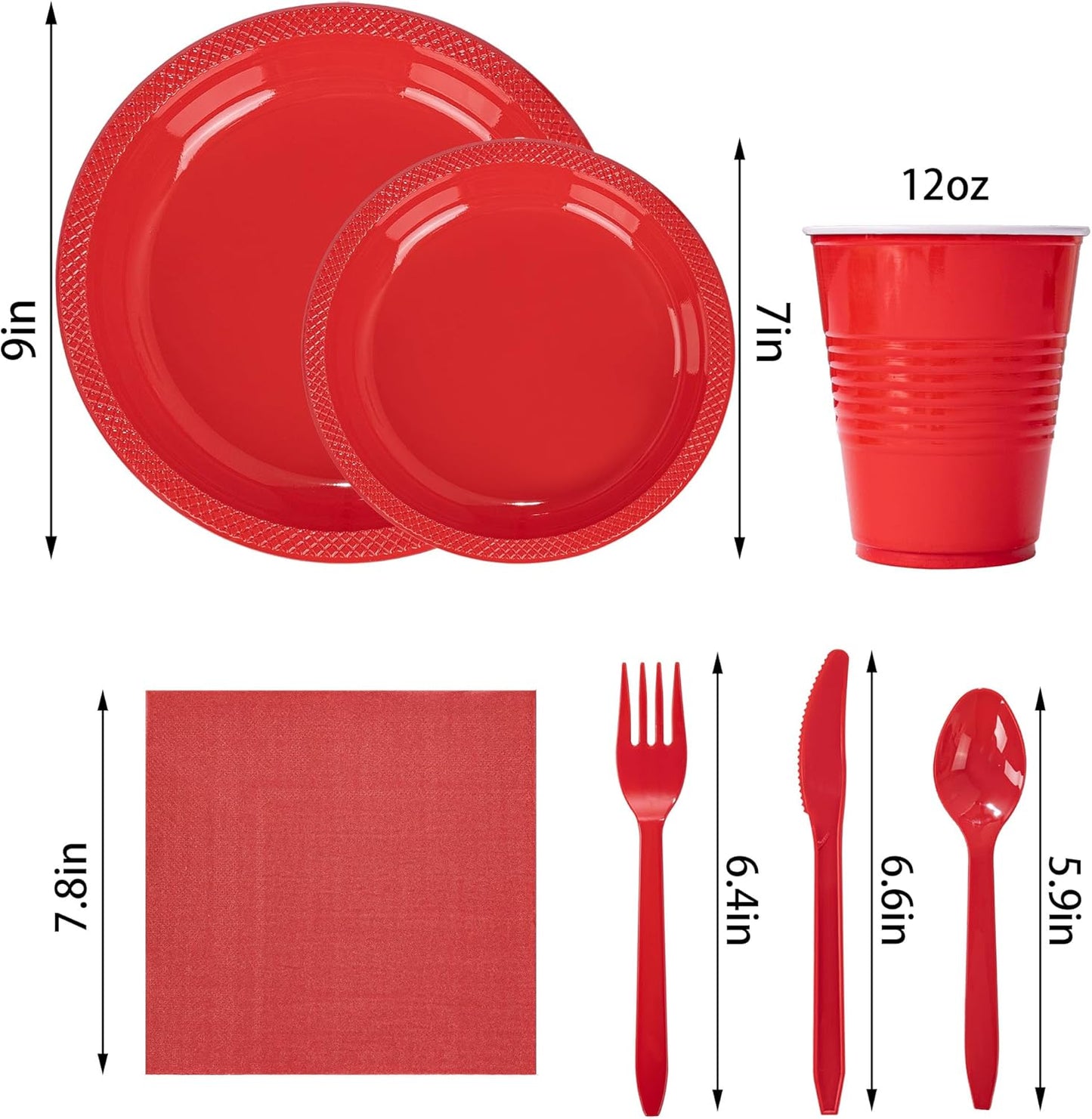 WELLIFE 210Pcs Red Plastic Plates, Christmas Plates Disposable, Party Supplies Including Red plates, 12oz Cups, Plastic Cutlery and Napkins Serve 30 Guests, Disposable Dinnerware Set for Christmas