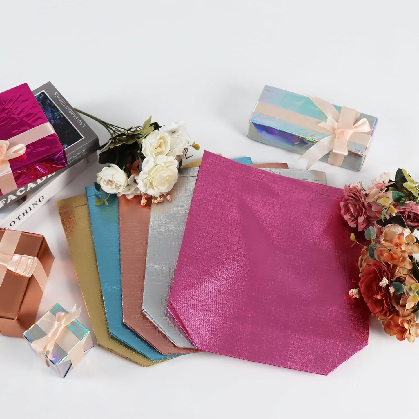 cabzymx 15 Pcs Multicolor Reusable Gift Bags Bulk with 5 Colors, 12.6x4.7x11 In Large Holiday Party Bags with Metallic Bling for Wrapping Gifts, Birthday, Wedding, Parties, Christmas