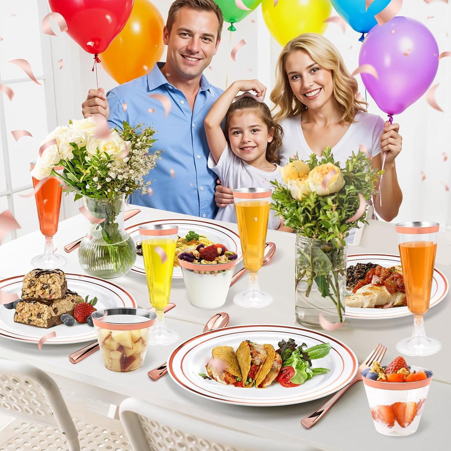 JIURUN 150PCS Rose Gold Plastic Plates Set for 25 Guests, Disposable Dinnerware Set of 25 Dinner, 25 Cups & Champagne Flutes Cups, 25 Spoons, Forks & 25 Knives for Birthday, Wedding & Party Supplies