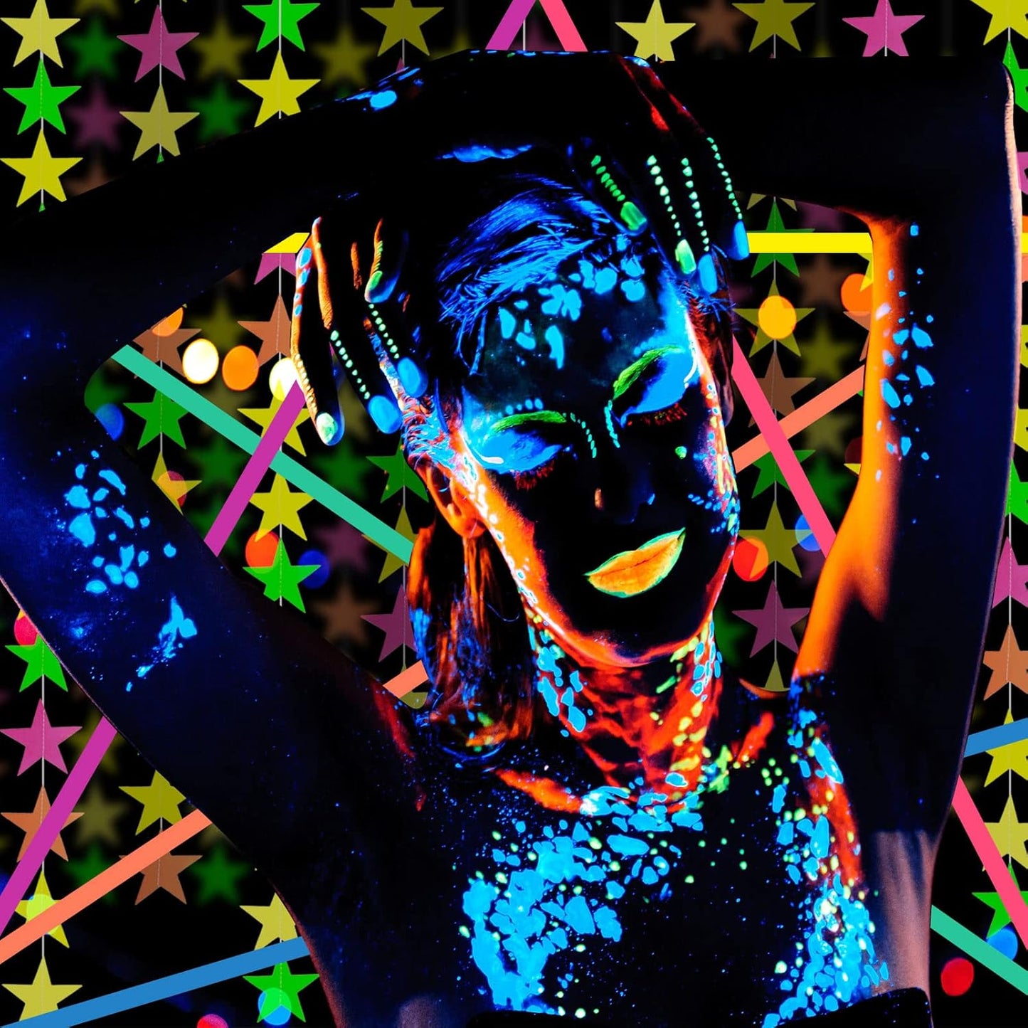 32 Pcs Glow in The Dark Party Supplies Christmas Neon Party Favors with 25 Fluorescent Balloon 6 Rolls 98.4 ft UV Blacklight Luminous Tape 14.4 ft Neon Streamer Garland for Adults(Cute Star)