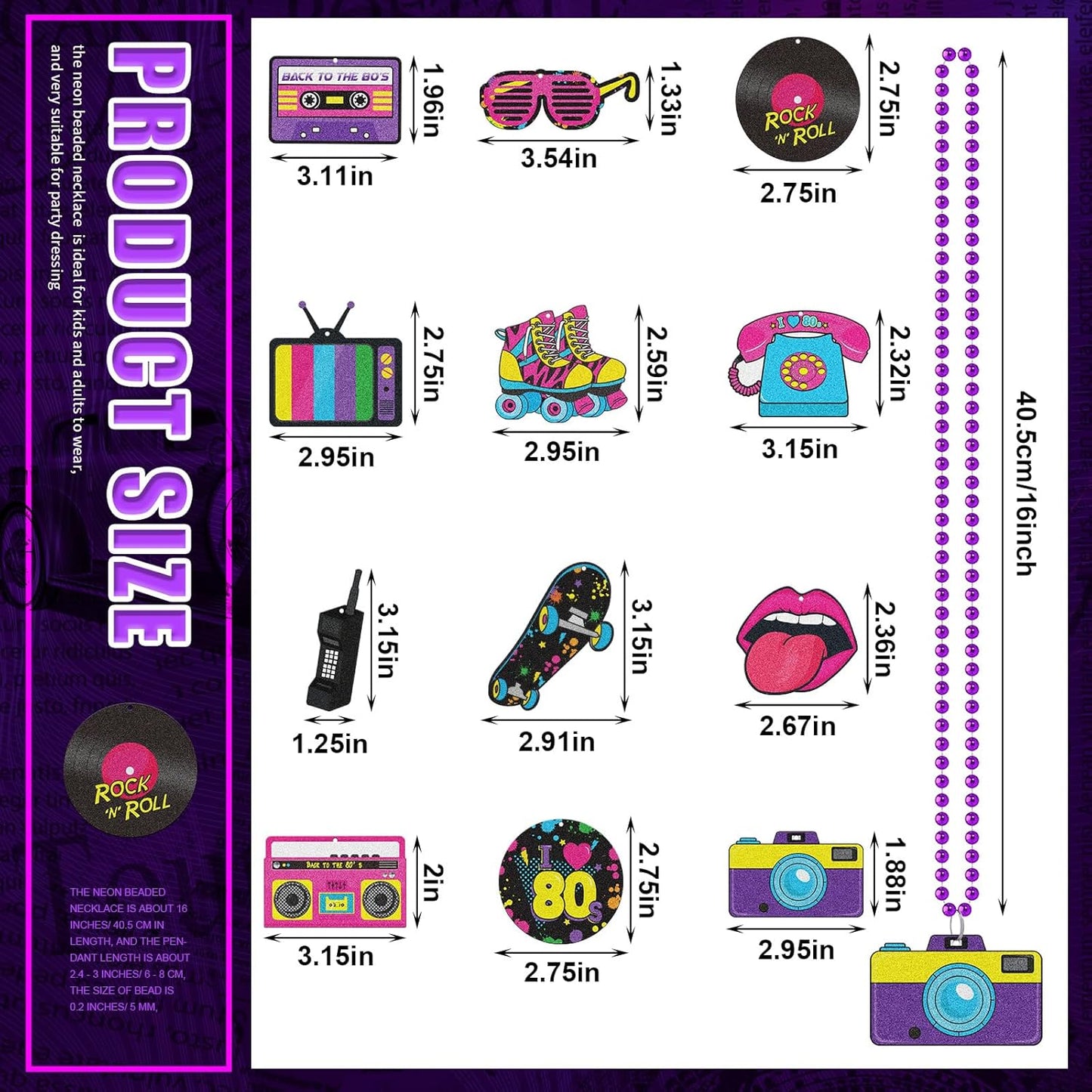 Tigeen 48 Pcs 80s Beaded Necklaces Metallic Neon Beads Retro Glow Party Disco Necklaces Bulk Colorful Rock Music Decor for Women 1980s Party Favors Supplies Mardi Gras Favor, 12 Styles