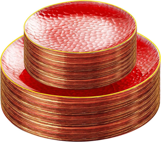 SUT 100Pcs Red Plastic Plates, Hammered Plates Disposable Heavy Duty, Red Disposable Plates With Gold Rim, Fancy Plastic plates Include 50 Dinner and 50 Dessert Plate for Wedding