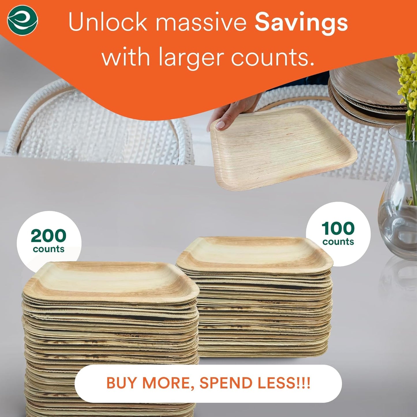 ECO SOUL 200 Count Square Palm Leaf Plates of 6 Inch - Disposable, Eco-Friendly, Biodegradable Bamboo Plates - Perfect for Parties, Catering, Weddings & Large Events