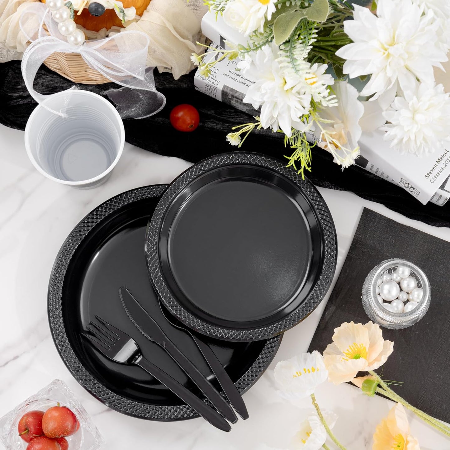 WELLIFE 210Pcs Black Plastic Plates, Disposable Dinnerware Set, Party Supplies Including Black plates, 12oz Cups, plastic Cutlery and Napkins Serve 30 Guests, Plastic Plates for Party