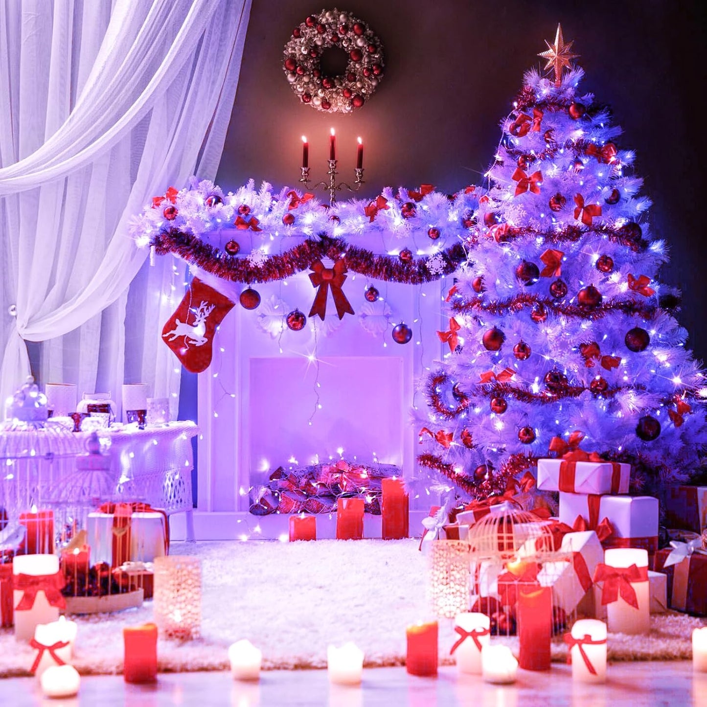 JMEXSUSS Purple Christmas Lights Indoor Outdoor Clear Wire, 66ft 200 LED Purple Lights for Christmas Tree, 8 Modes Deep-Violet String Lights Plug in for Christmas Bedroom Garden Party Xmas Decorations