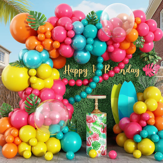 Neon Balloons Arch Kit, Hot Pink Teal Blue and Orange Balloon Garland Kit Rainbow Balloon Summer Tropical Aloha Luau Party Decorations, 18 in Clear Yellow Balloons for Hawaiian Pool Party Decor