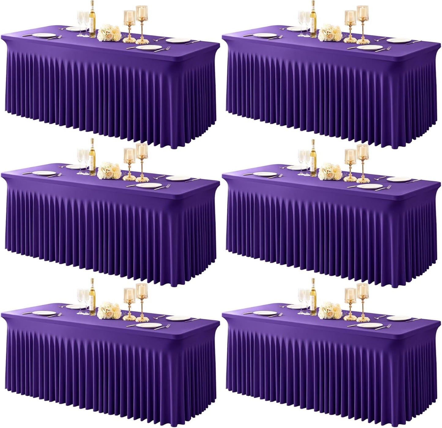 6 Packs Purple Table Clothes for 8 Foot Rectangle Tables, One-Piece Wrinkle Resistant Stretch Spandex Table Covers with Skirt for Event Banquet Wedding Birthday Party