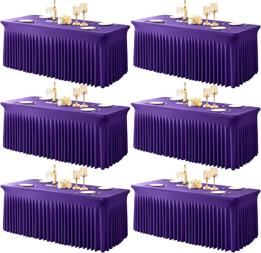 6 Packs Purple Table Clothes for 8 Foot Rectangle Tables, One-Piece Wrinkle Resistant Stretch Spandex Table Covers with Skirt for Event Banquet Wedding Birthday Party