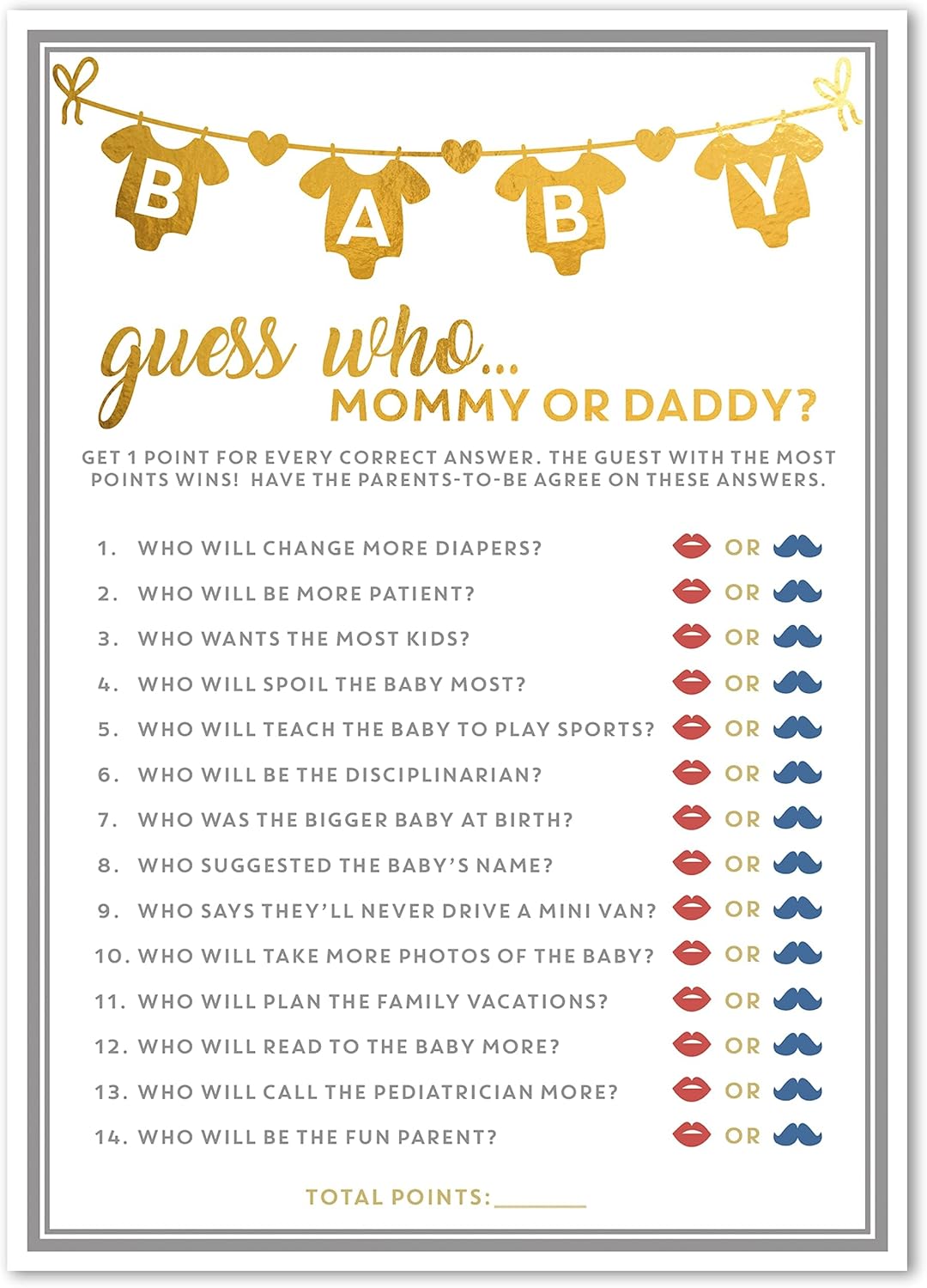 Party Hearty Baby Shower Games for Girl or Boy, 50 pcs Mommy or Daddy Guess Who Game, Fun Activity Cards, Gender Neutral, Ideas