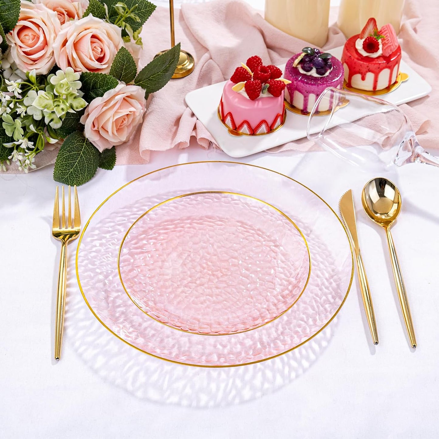 Rubtlamp 100Pcs Clear Pink Gold Plastic Plates, Pink Disposable Plates With Gold Rim, Hammered Plastic Plates Include 50 Clear Dessert Platos, 50 Dinner Platos for Party