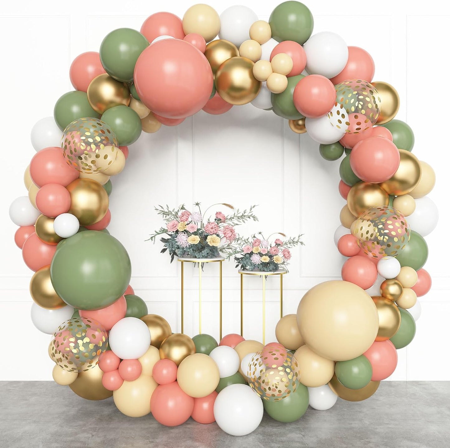 Amandir 153pcs Retro Green Pink Balloon Garland Arch Kit, Different Sizes 18 12 10 5 inch White Dusty Pink Latex Metallic Confetti Balloons for Jungle Safari Birthday Party Baby Shower Decorations