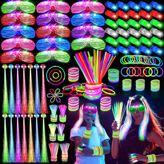 158 PCS Glow in the Dark Party Supplies, 14PCS LED Glasses, 30LED Finger Lights, 14LED Light Hairs and 100PCS Glow Sticks Bracelets, Neon Party Favors for New Year, Wedding,Concert, Birthday