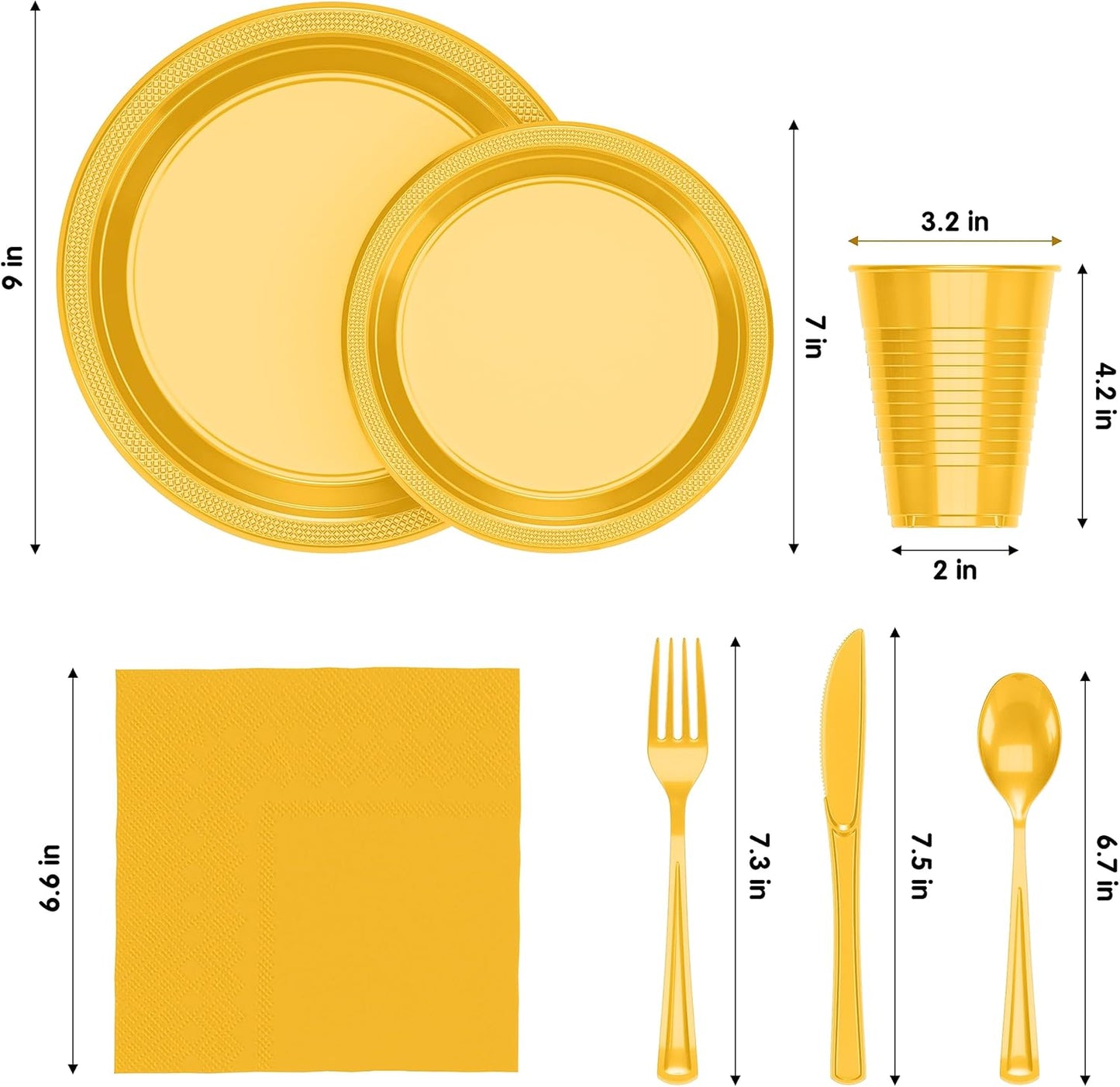 350 Pcs Yellow Plastic Plates For Party, Yellow Disposable Plates Set, 50 Of Each 9" Dinner Plate Set, 7" Dessert Plate, Cups, Napkins & Cutlery Plastic Dinnerware Exquisite