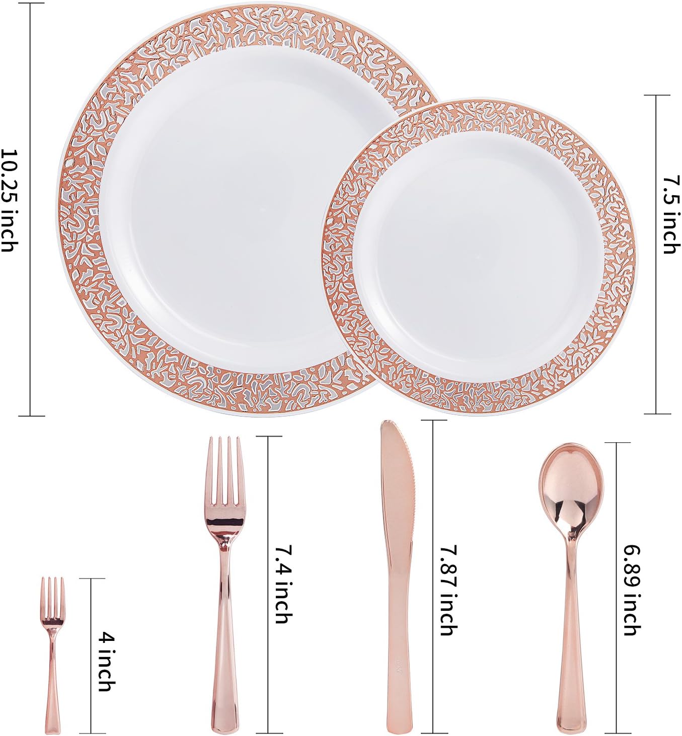 WDF150PCS Rose Gold Plastic Plates with Plastic Silverware