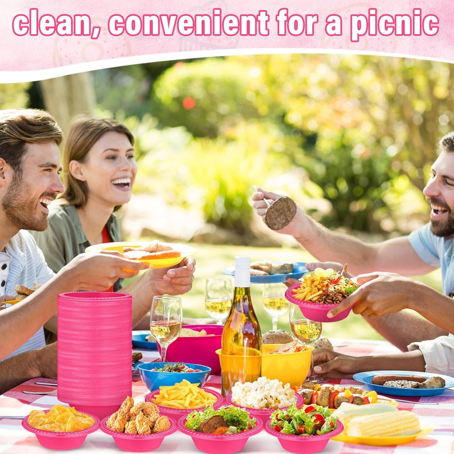 Lallisa 100 Pcs 12oz Hot Pink Disposable Plastic bowls Dessert Cups Ice Cream Snack Salad Soup Food Serving Bowls for Party Favor Picnic