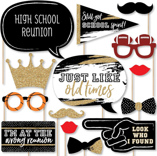 Big Dot of Happiness Class Reunion Photo Booth Props Kit - 20 Premium Cardstock Props, School Reunion Party Decorations, Memory Making Props with No-Mess Glitter Print, Black