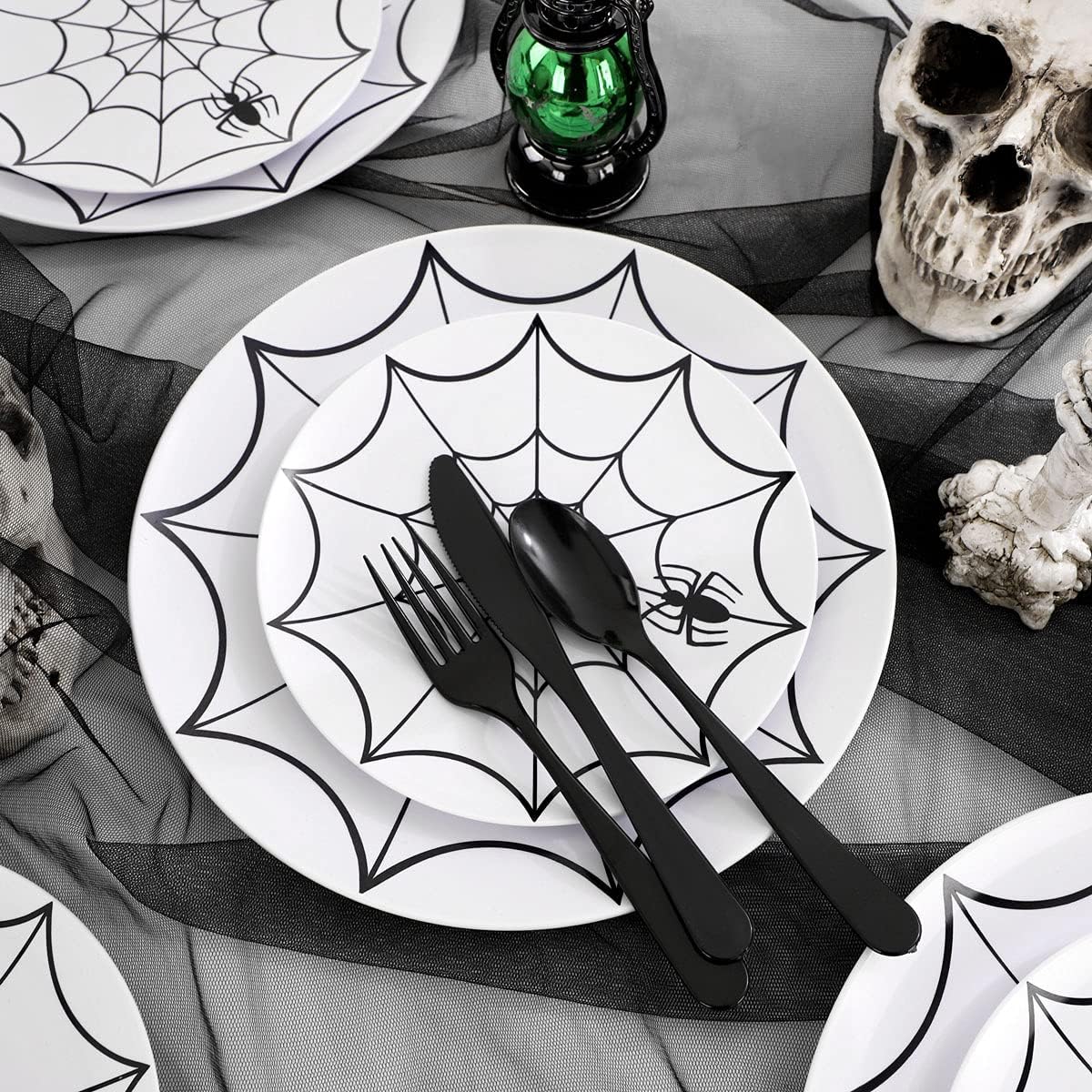 WDF 60Pieces Halloween Plates Disposable Plastic - White and Black with Cobwebs plates Dinnerware include 30PCS 10.25inch and 30PCS 7.5inch Plates for Halloween