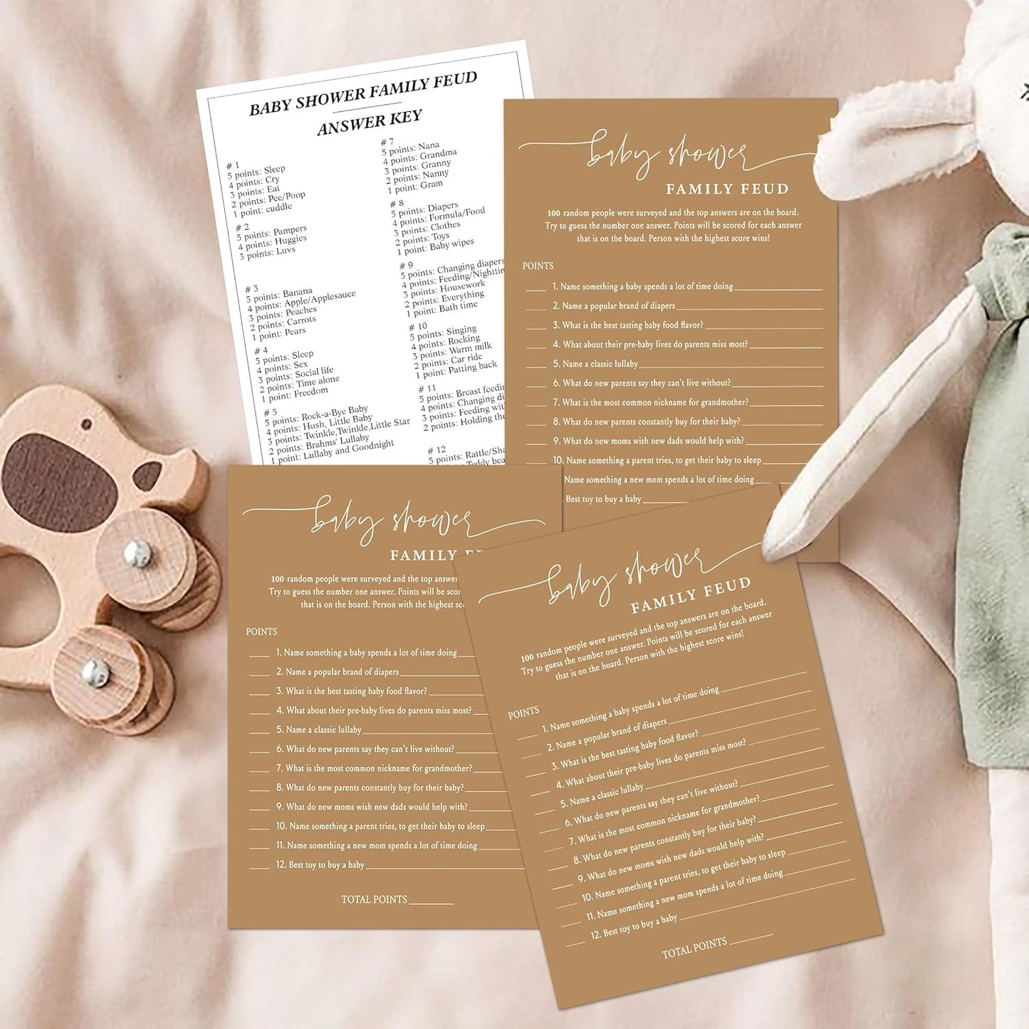 Family Feud Baby Shower Game - Pack of 30 Cards, Answer Key, Gender Neutral Decorations, Feud Game Supplies-06F-Caramel