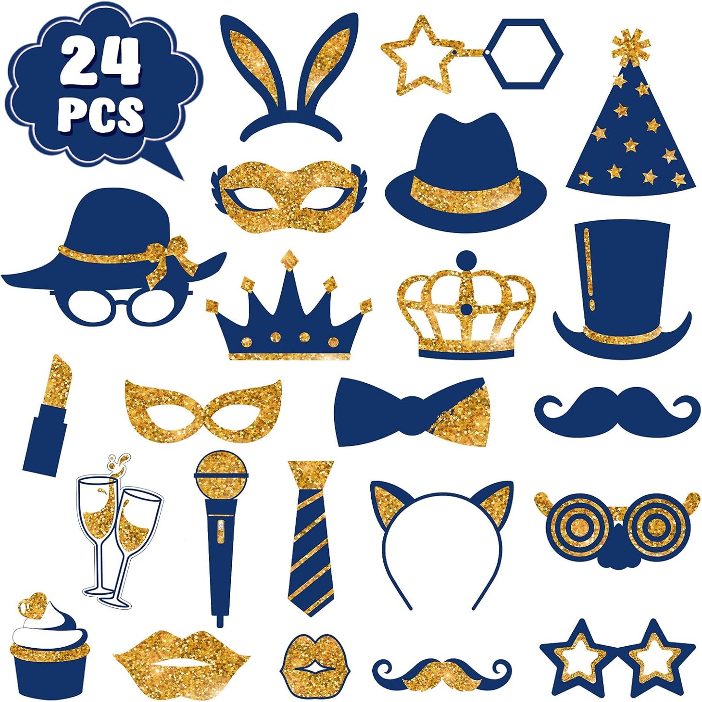 Zonon 24 Pieces Funny Photo Booth Props:Halloween,Christmas,Family Reunion, Class Reunion, Birthday, Weddings, Prom Disco Mardi Gras Party Supplies - Mix of Hats, Lipstick, Tie(Gold and Navy Blue)