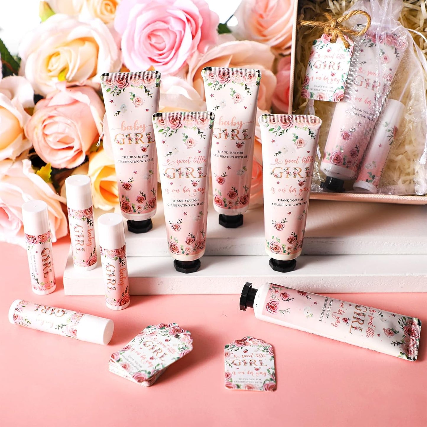 48 Sets 192 Pcs Baby Shower Gifts for Guests Include 48 Hand Cream and 48 Lip Balm Bulk Baby Girl Bridal Shower Party Favors Wedding Thank You Gift for Guests with Card Organza Bag Travel Size