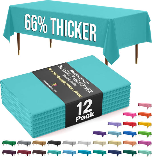 Exquisite 66% Thicker Premium Plastic Table Cloth Rectangle Table Cover 0.5 Mil 12 Pack Aqua Table Cloth 54 Inch x 108 Inch Disposable Tablecloth Won't Tear Easily Like Cheap Thin Brands
