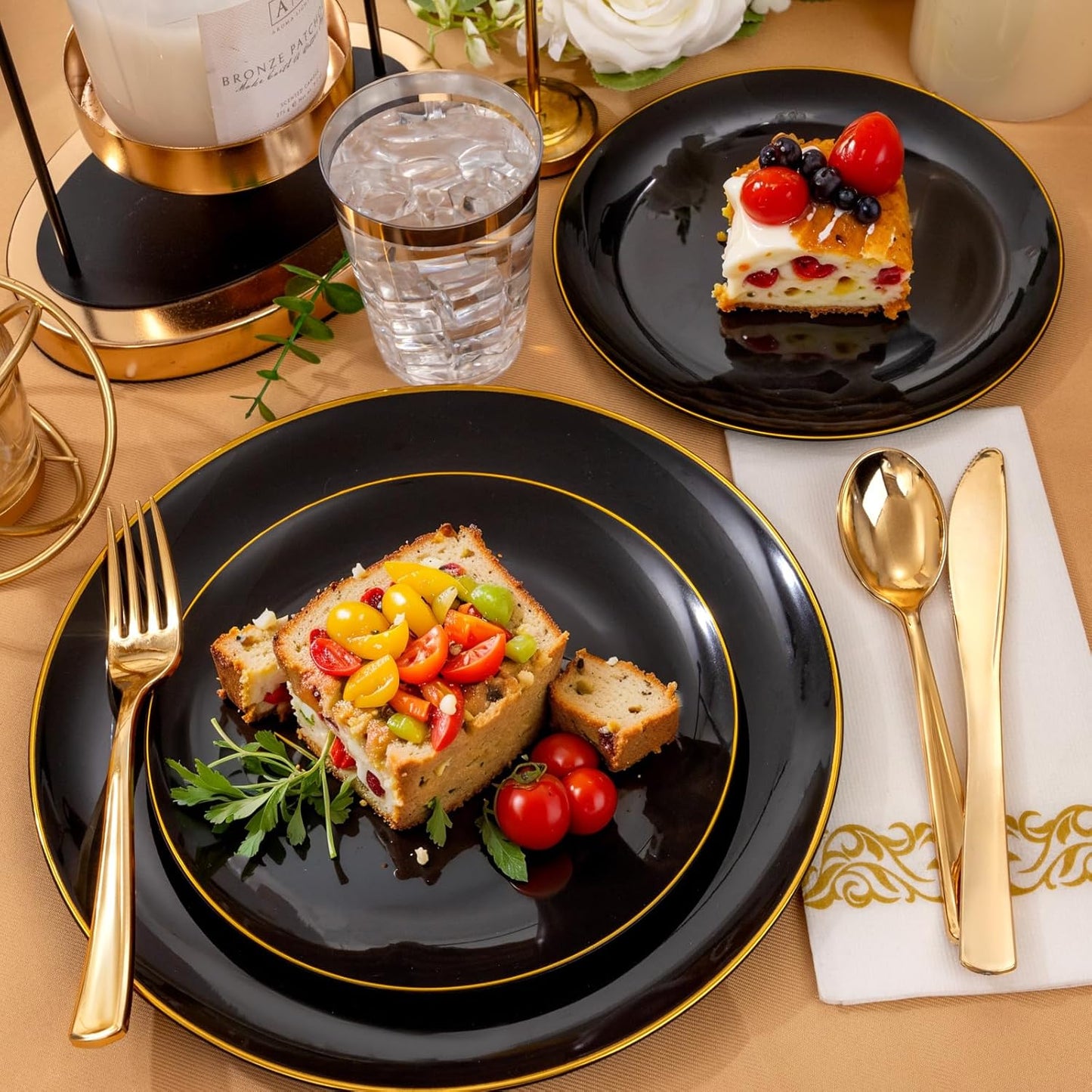 Supernal 350pcs Black & Gold Plastic Dinnerware Set, Elegant Black Plates with Golden Edges, Gold Plastic Silverware, Durable Tableware Perfect for Birthdays, Parties, Wedding, Celebration