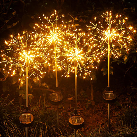 Solar Garden Lights Outdoor Yard Decorations, 4 Pack 150Leds Pathway Light, Fairy Firework Stake Lights for Garden, Patio, Pathway, Flowerbed Gold Color