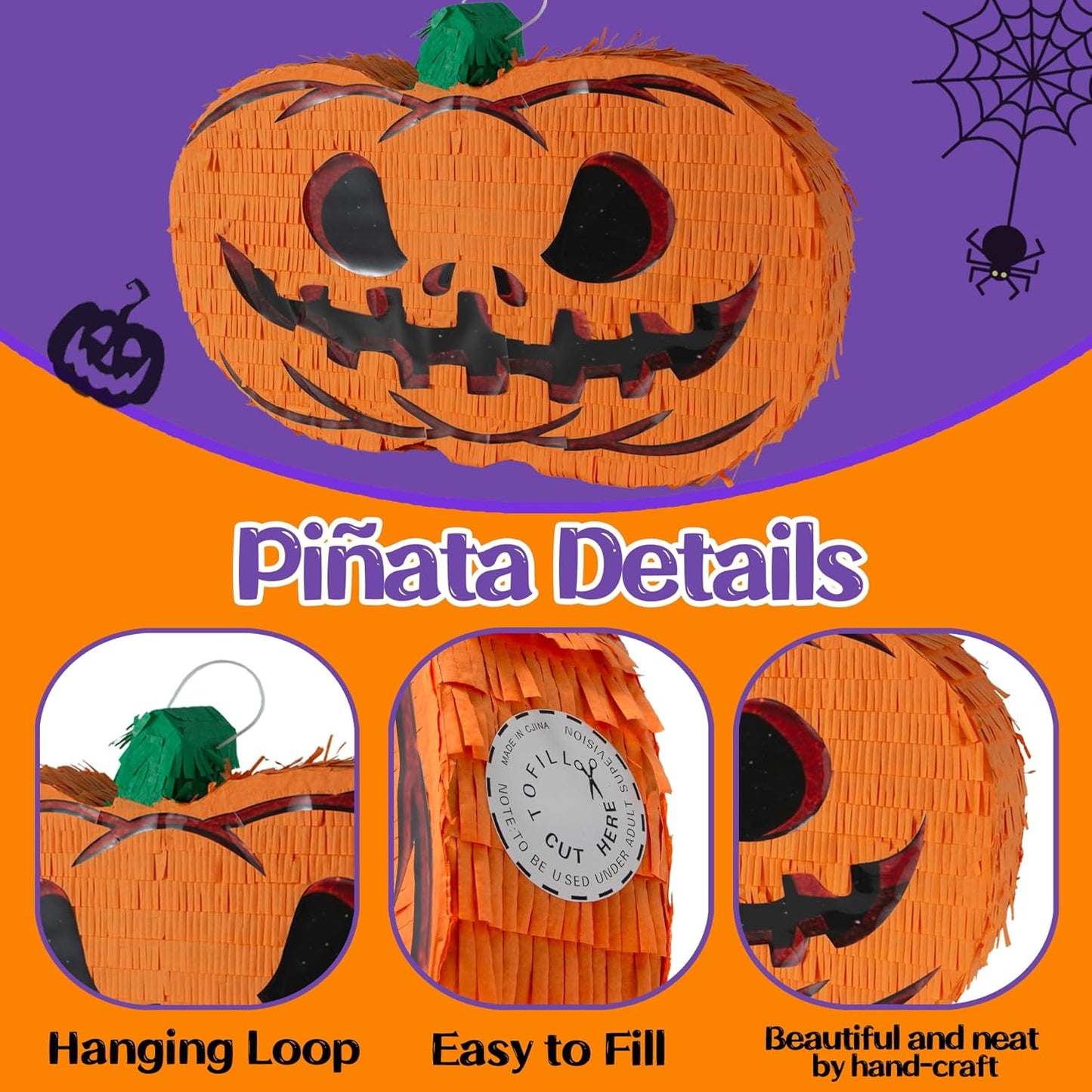 PCFING 21.6 Inch Halloween Pumpkin Piñata with 30 Inch Piñata Stick Blindfold Confetti for Boy Girl Adults Halloween Scary Party，Candy Game，Trick Treat Party，Jack o Lanterns Decorations