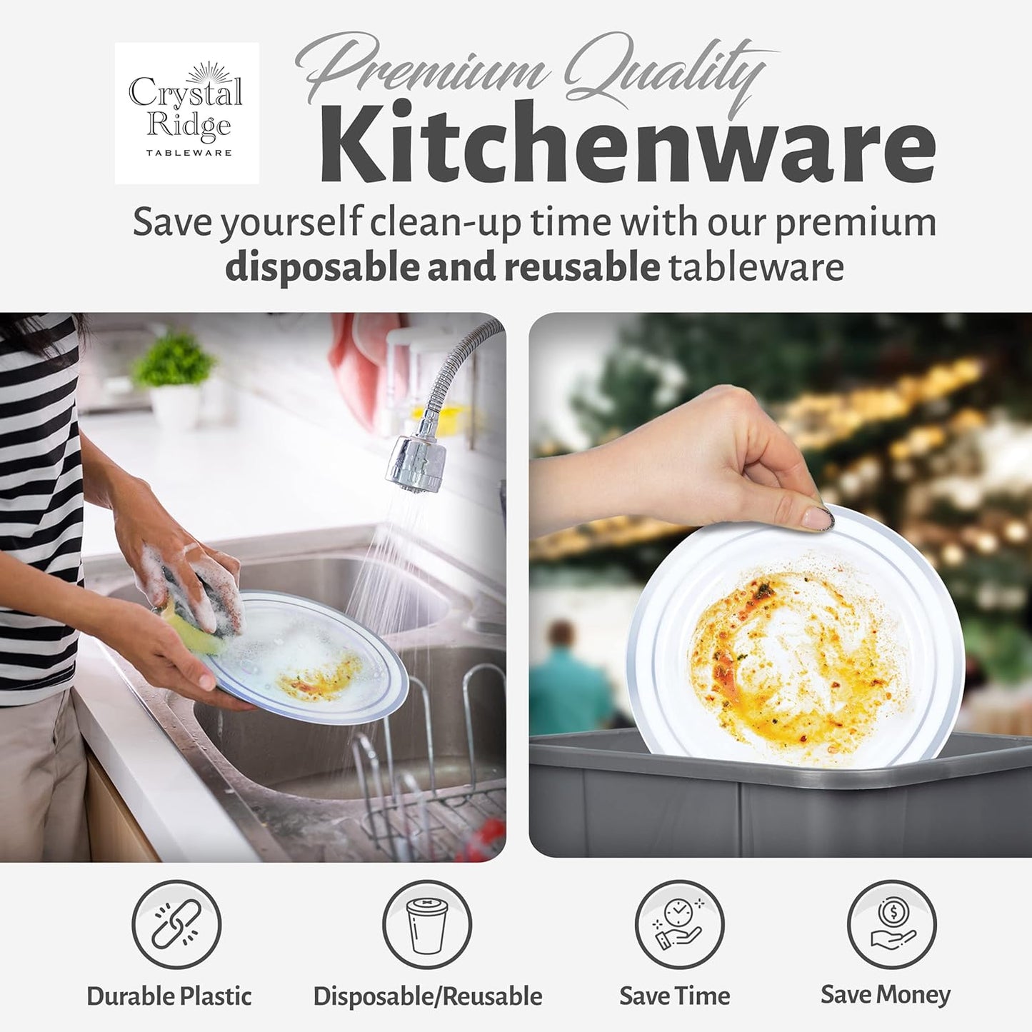 60 Pieces White Plastic Disposable Plates - Premium Heavy-Duty 30 Dinner Plates & 30 Salad Plates with Silver Rim Ideal for Party, Birthday and Special Events