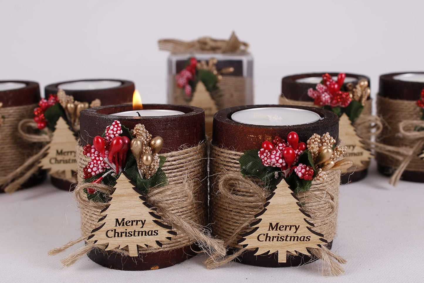 HTF Pack of 10 Christmas Decorations Wood Tealight Candle Holder, Coworker Gift, Happy, New Year, Christmas Candles, Noel Xmas Decoration (CH-Tree, Dark Brown)
