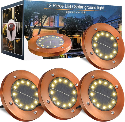 Solar Ground Lights Outdoor Waterproof Flat Garden Solar Disk Lights Outdoor Floor Lights 12 LED 4 Pack for Garden Patio Pathway Landscape Driveway Yard Path Decor