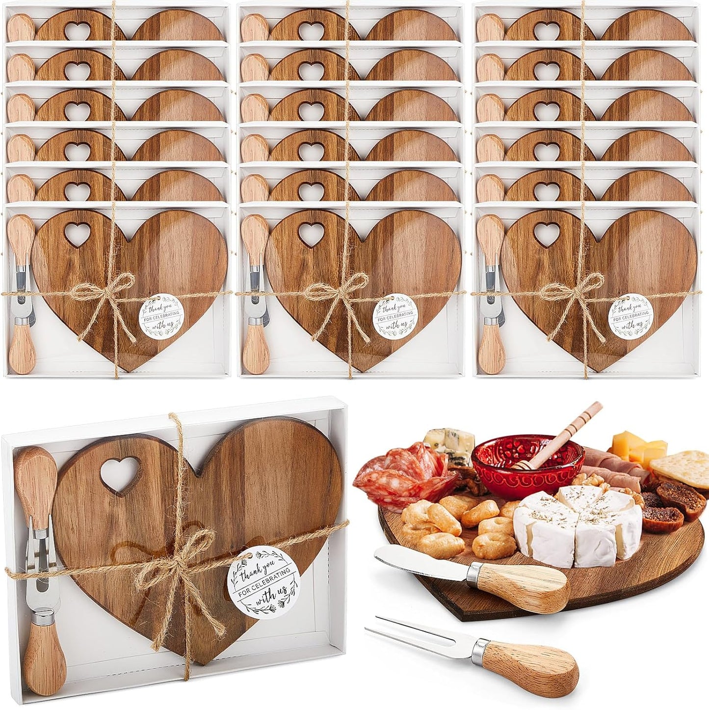Patelai 18 Set Bridal Shower Favor Heart Cheese Board Cheese Knives Wood Mini Charcuterie Board Thank You Gift Box for Guest Bridal Baby Shower Prize Wedding Birthday Valentines (Acacia Color)