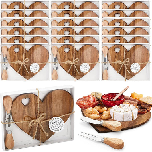 Patelai 18 Set Bridal Shower Favor Heart Cheese Board Cheese Knives Wood Mini Charcuterie Board Thank You Gift Box for Guest Bridal Baby Shower Prize Wedding Birthday Valentines (Acacia Color)