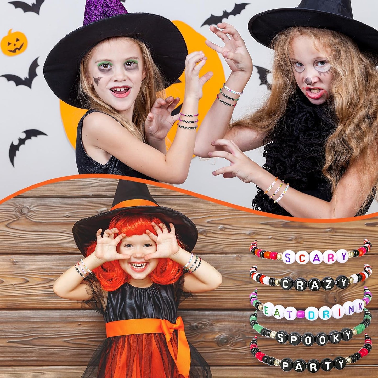 Cunno 36 Pcs Kids Friendship Bracelets for Girls Women Beads Bracelets Surfer Stretch Beaded Cute Colorful jewelry for Birthday Goodie Bag Stuffers Fillers School Gifts Party Favors(Spooky Style)