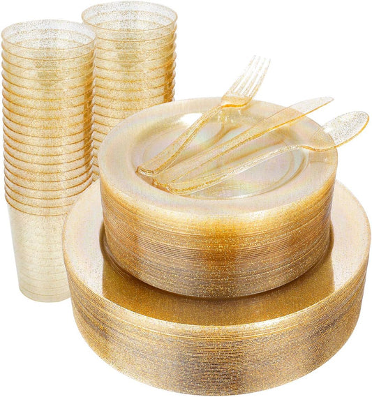 WELLIFE 300PCS Gold Glitter Plastic Plates, Gold Plastic Dinnerware Includes: 50 Dinner and 50 Dessert Plates, 150 Cutlery, 50 Cups for Party