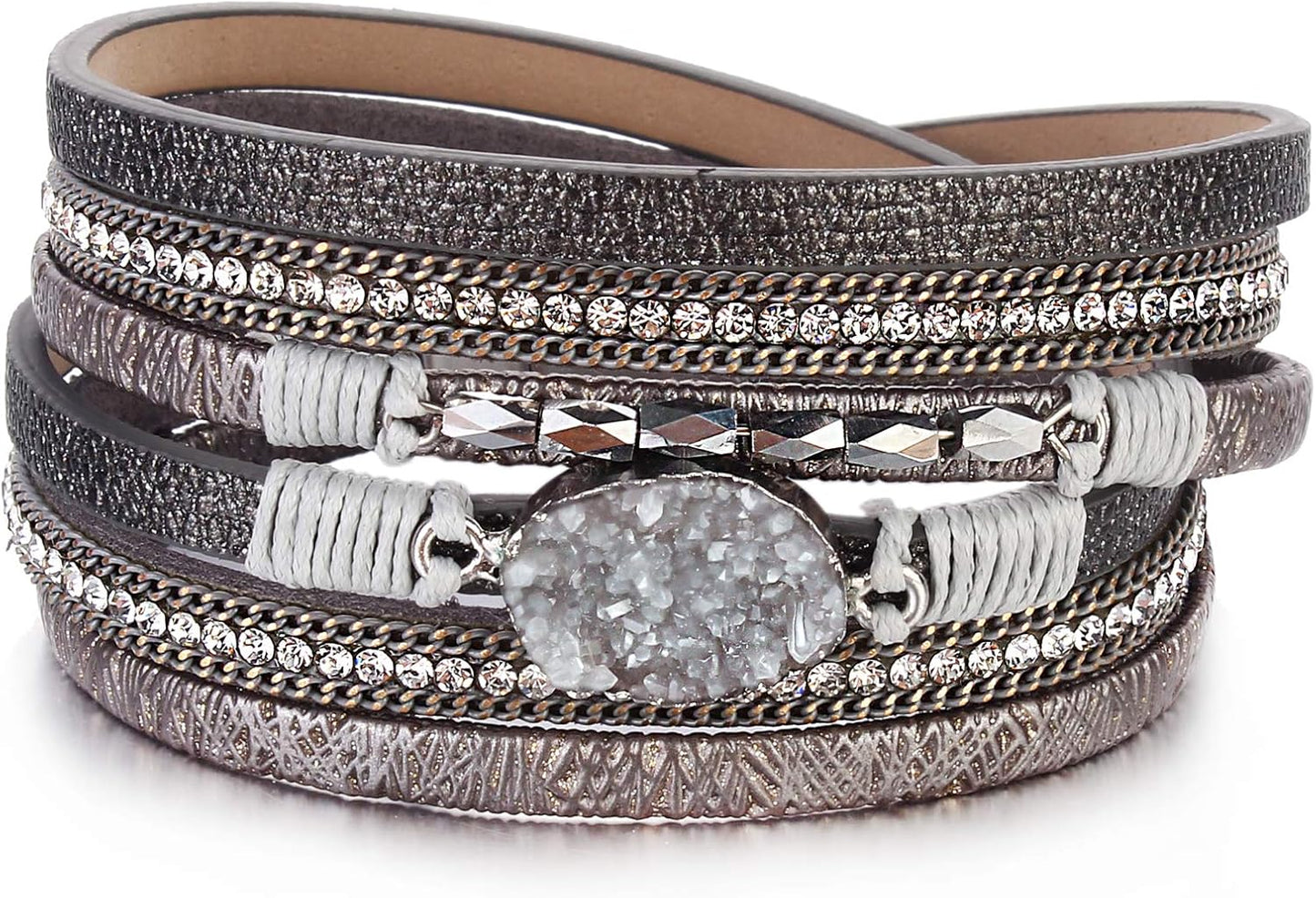 FANCY SHINY Leather Wrap Bracelet Boho Cuff Bangle Bracelets Crystal Bead Bracelet with Magnetic Clasp Jewelry Gifts for Women