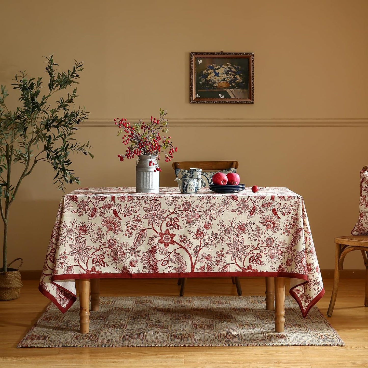 ISAENNE Designer French Linen Extra Long Rectangle Tablecloth,Red Floral Washable Indoor Table Cloth,Durable Home Decor Tablecloths for Dining Thanksgiving Kitchen Party,67"*118"-Ruyi A