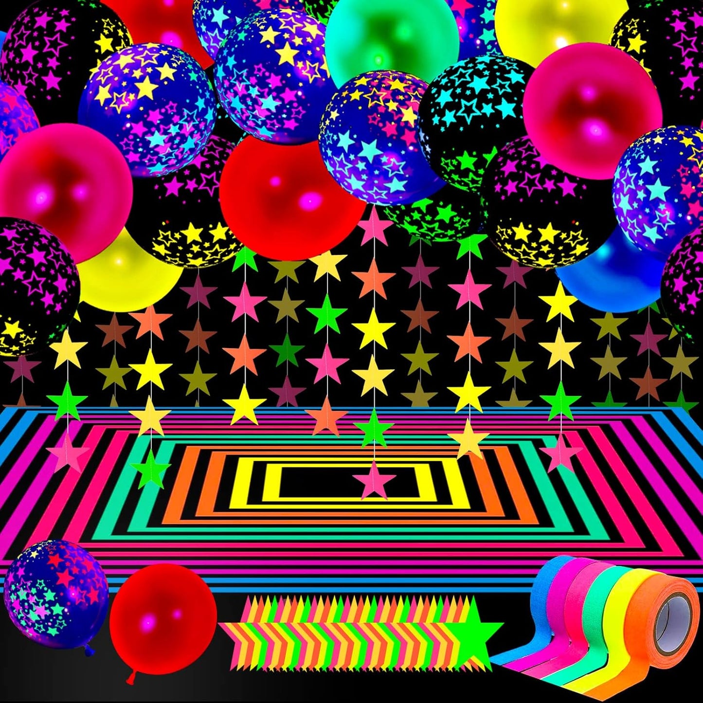 32 Pcs Glow in The Dark Party Supplies Christmas Neon Party Favors with 25 Fluorescent Balloon 6 Rolls 98.4 ft UV Blacklight Luminous Tape 14.4 ft Neon Streamer Garland for Adults(Glitter Star)