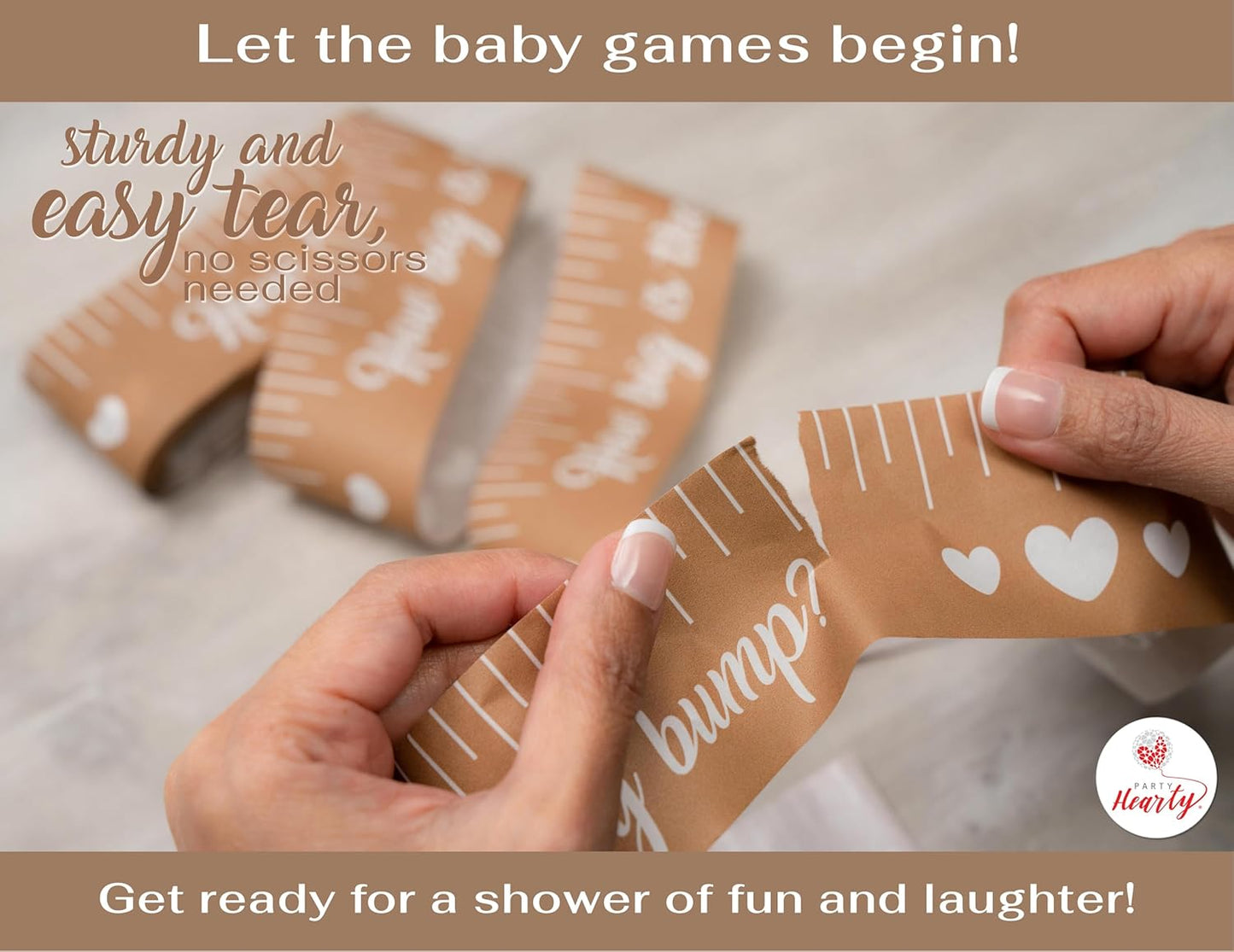 Party Hearty Funny Baby Shower Games for Girl or Boy Activities, 2 Rolls, 2 inches x 150 feet, Kraft Tummy Measure, Fun & Easy Idea