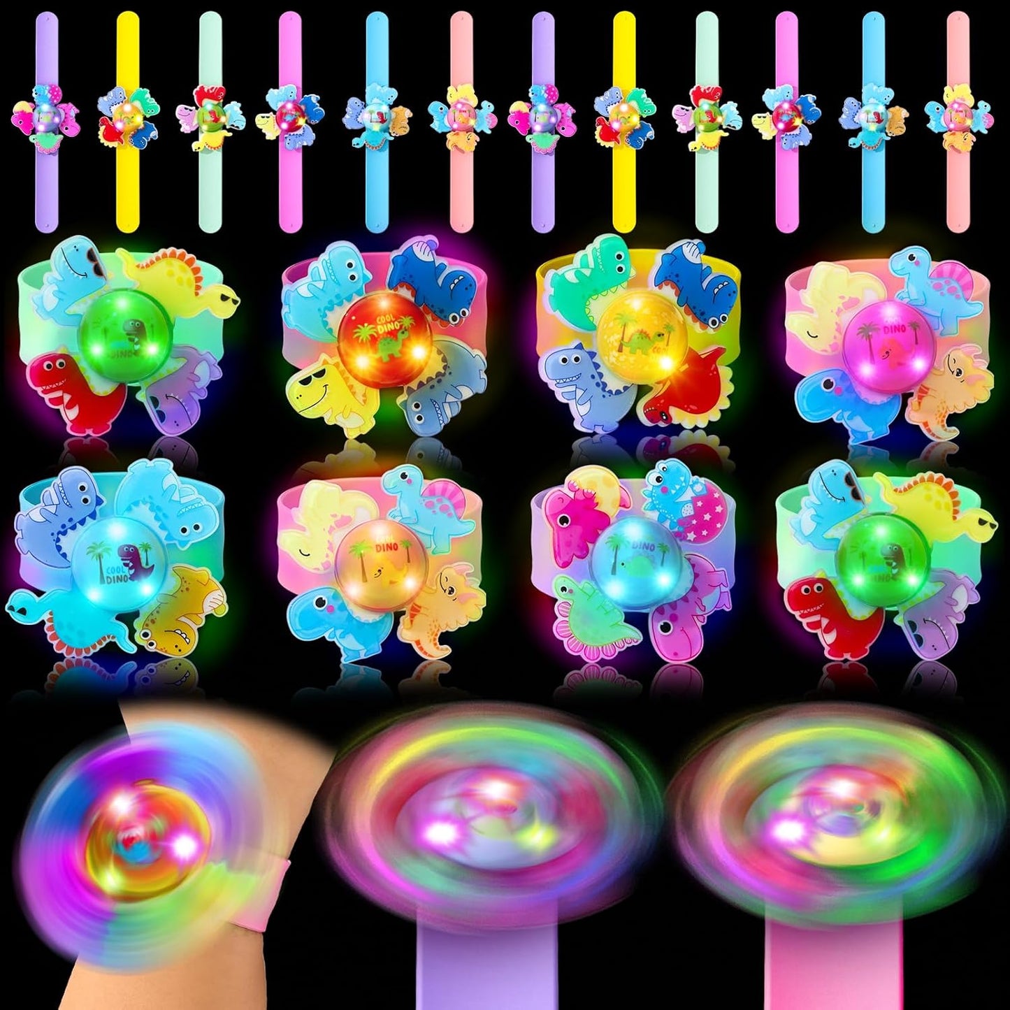 12Pcs LED Light Up Rotating Slap Bracelets Dinosaur Party Favors Glow Bracelets, Glow In The Dark Party Supplies Birthday Gifts Classroom Rewards Goodie Bag Stuffers for Kids Boys Girls