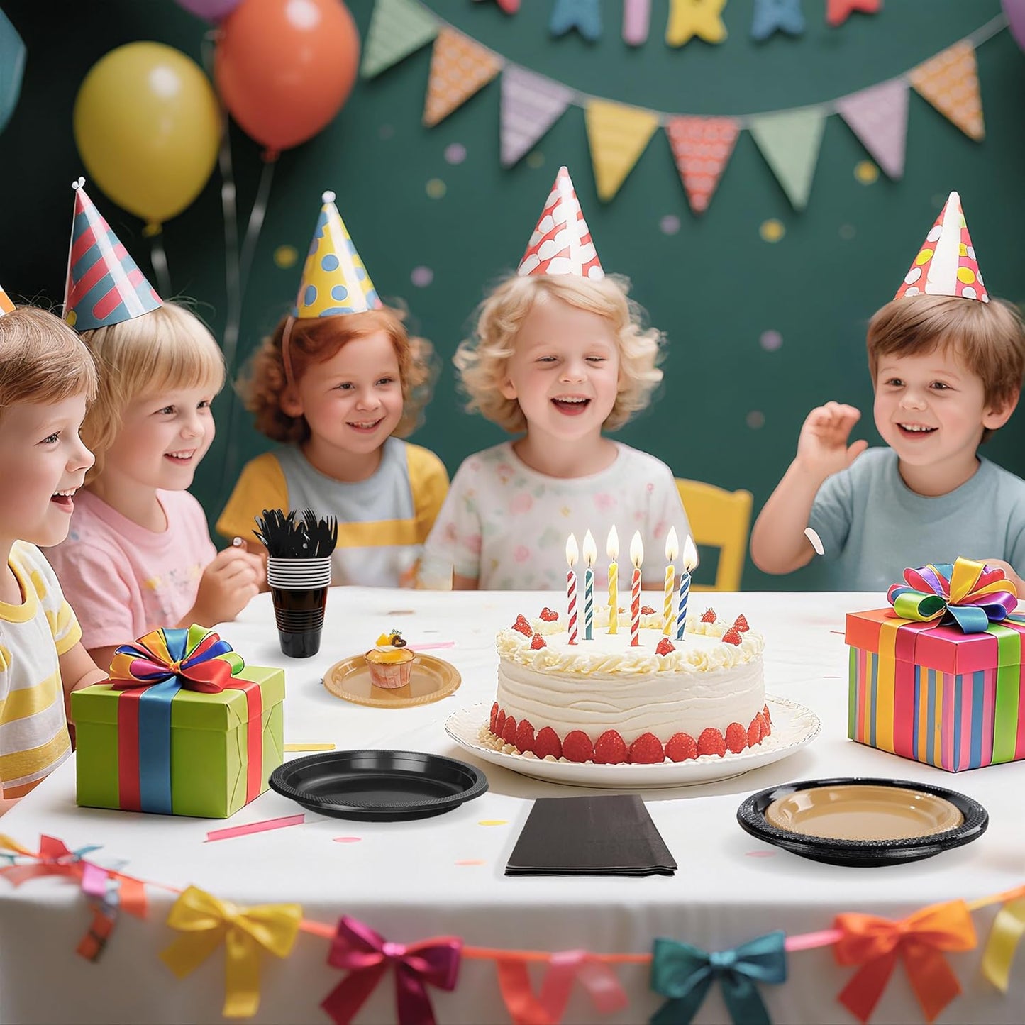 MirthMood 350PCS Black and Gold Plastic Plates,Black Disposable Plates –Plastic Plates Set Includes 50 Dinner,50 Dessert Plate,50 Cup&50 Napkins, 50 Black Silverware for Wedding& Parties& Halloween