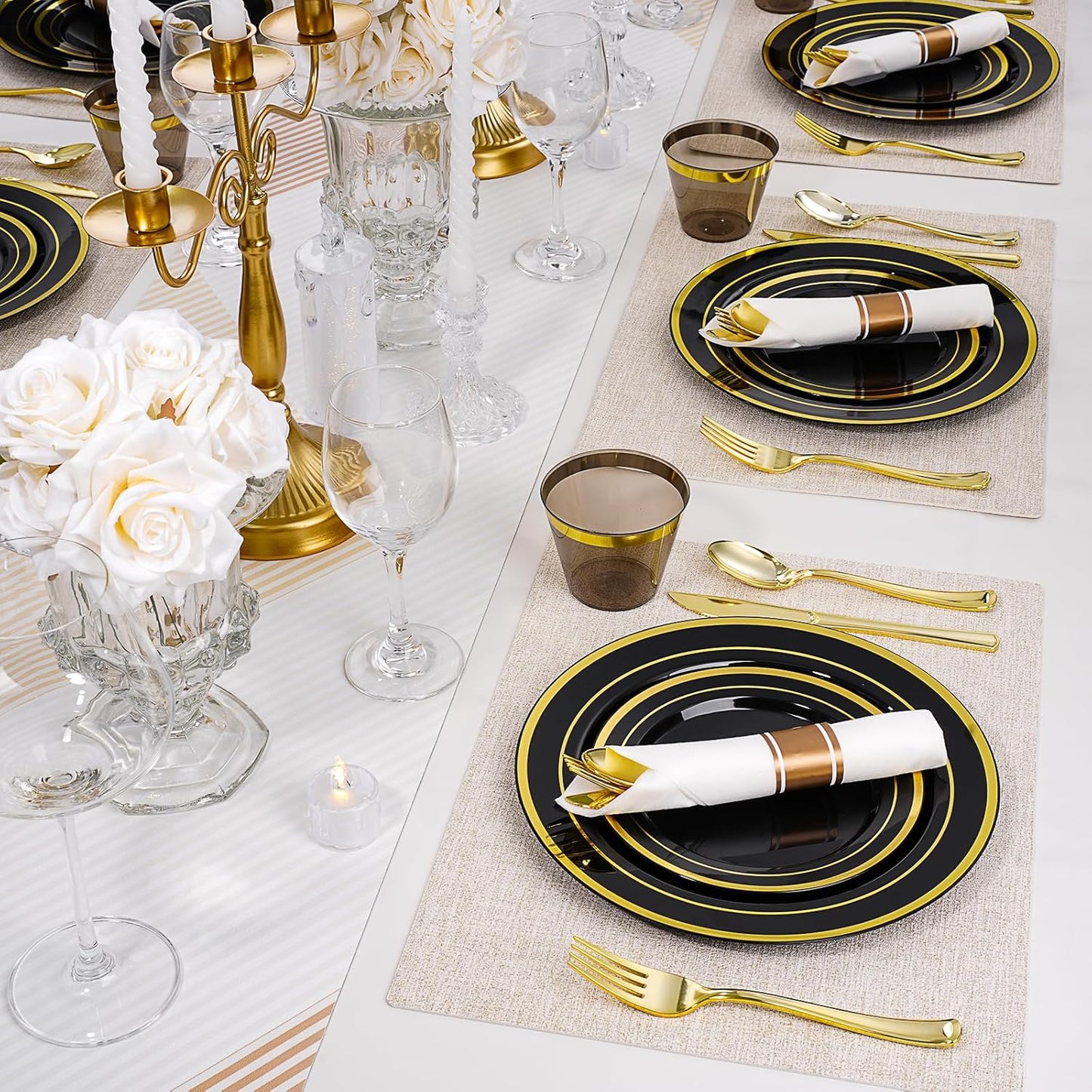 350 PCS Black Plastic Dinnerware Set for 50 Guests, 100 Disposable Plates for Party, 50 Pre Rolled Napkins with Gold Silverware, 50 Cups for Graduation