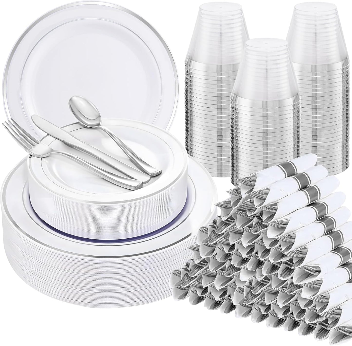 WELLIFE 700 Pcs Silver Plastic Plates for 100 Guests - Party Supplies Includes 200 Plastic Plates,300 Silver Silverware,100 Napkins,100 Cups for Party,Disposable Dinnerware Set