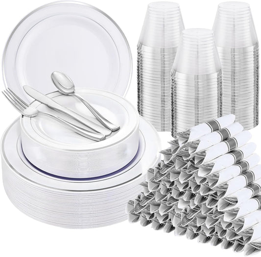 WELLIFE 700 Pcs Silver Plastic Plates for 100 Guests - Party Supplies Includes 200 Plastic Plates,300 Silver Silverware,100 Napkins,100 Cups for Party,Disposable Dinnerware Set