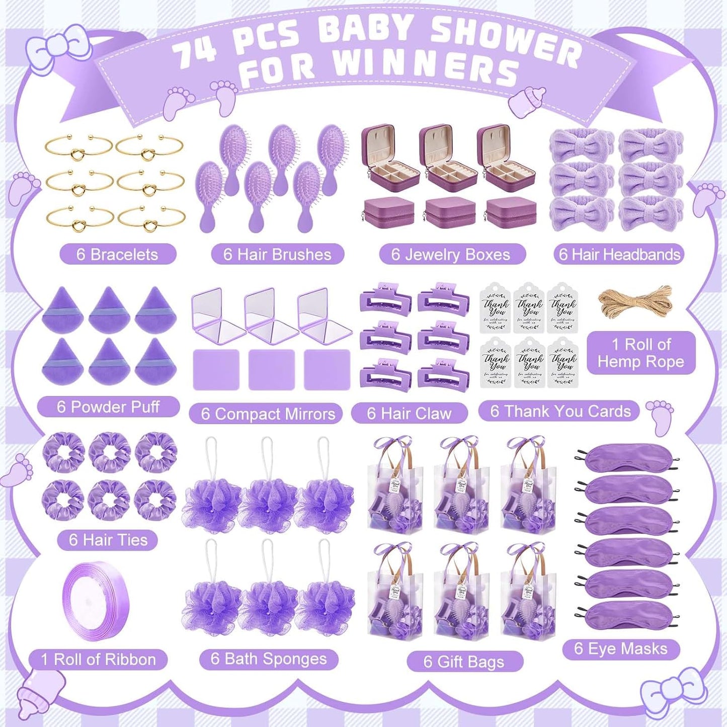 74Pcs Baby Shower Prizes for Game Winners Baby Shower Favors Gifts including Headband Hair Brush Jewelry Box with Gift Bag for Baby Shower Game Prizes Wedding Bridal Shower Favors (Purple)
