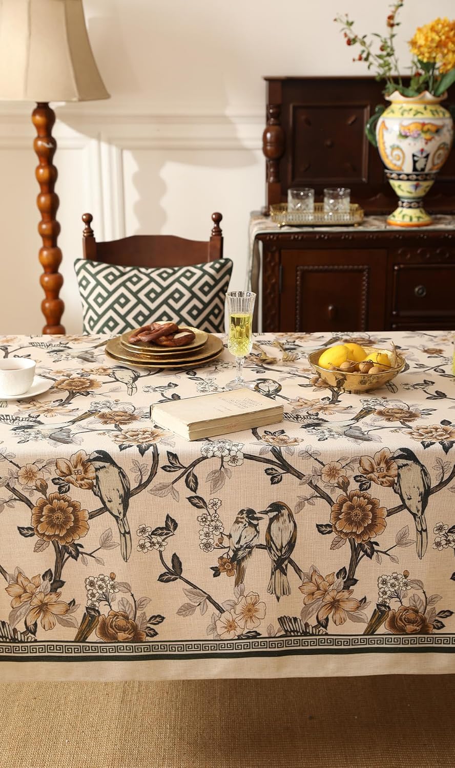 ISAENNE Designer Vintage Linen Small Square Table Cloth,Floral and Bird Pattern Tablecloths,Fall Wrinkle Resistant Home Decor Tablecloth for Dining Kitchen Party Christmas,55"*55"-Murad A