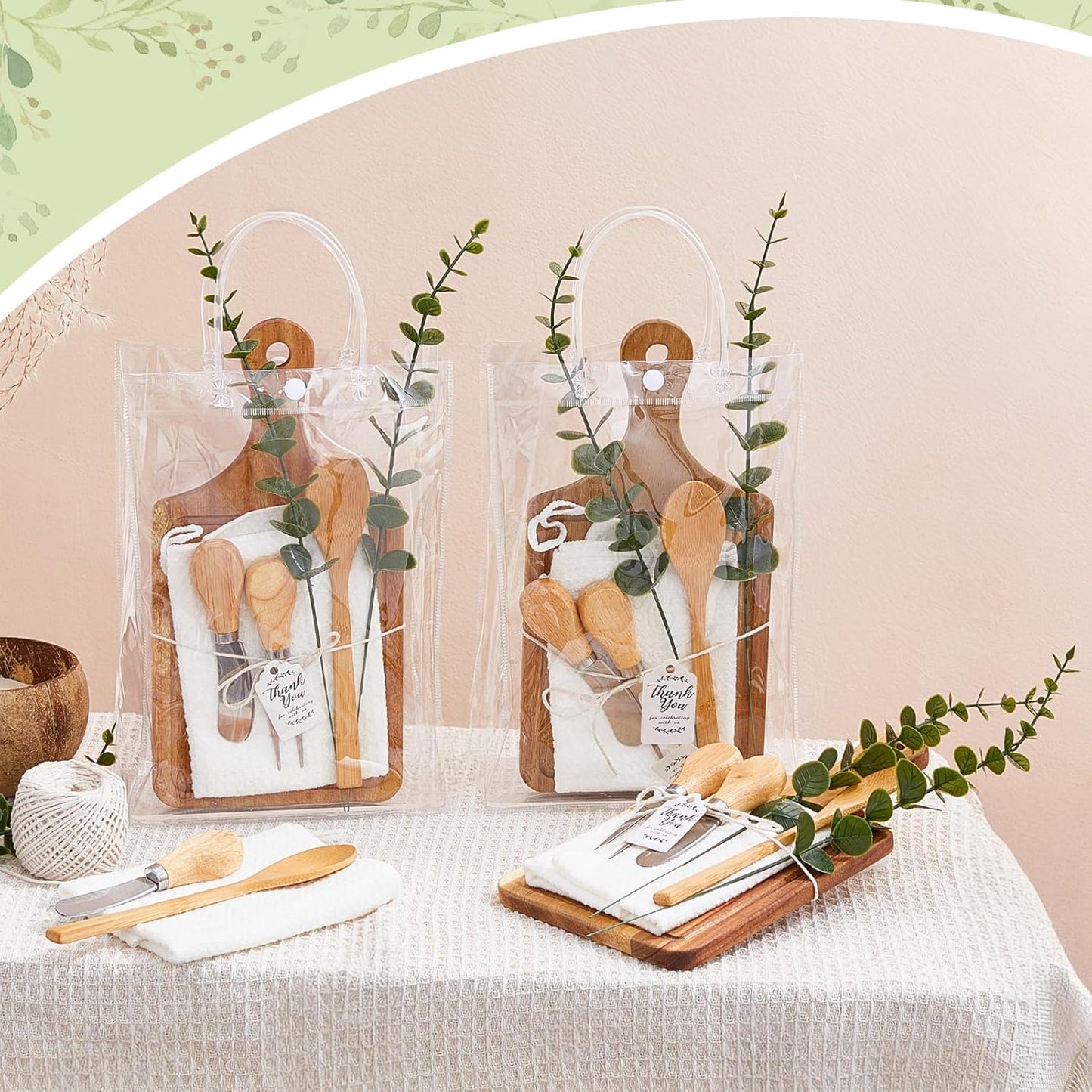 Baby Shower Prizes for Game Winners Bamboo Cheese Board Spoon Fork Butter Spreaders Plaid Towel Thank You Card and Gift Bags for Baby Shower Wedding Bridal Shower Favors (Acacia, 10 Sets)