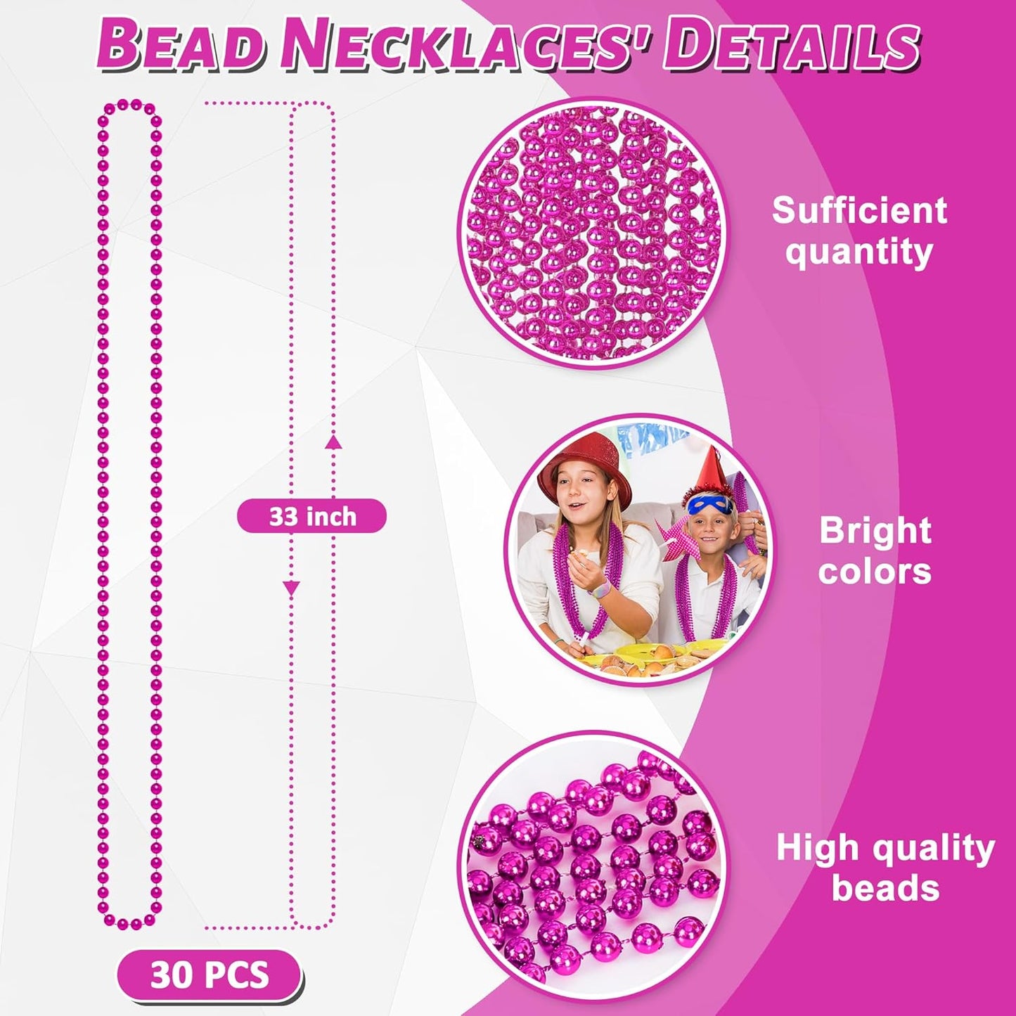 30PCS Mardi Gras Beads, Breast Cancer Awareness Accessories Necklace Party Favors, 33" Mardi Gras Valentines Necklace Stuff, Festival Parade Throw Accessories for Wedding Birthday Gender Reveal