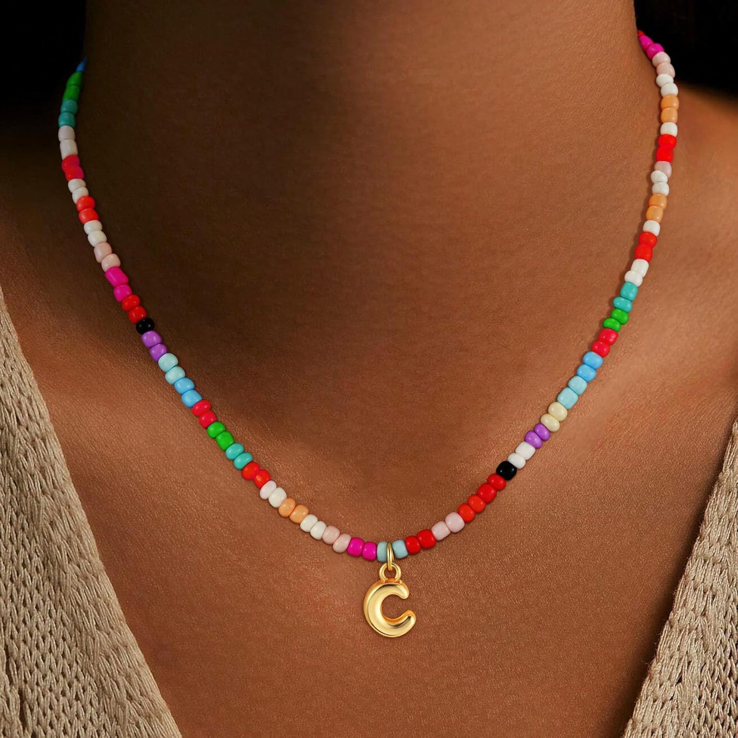 Christmas Gifts for Grandkids Teens Girls - Bubble Colorful Initial Necklaces for Women Teen Girl Trendy Stuff Beaded Initial Necklace Birthday Gifts Stocking Stuffers for Teen Girls Women