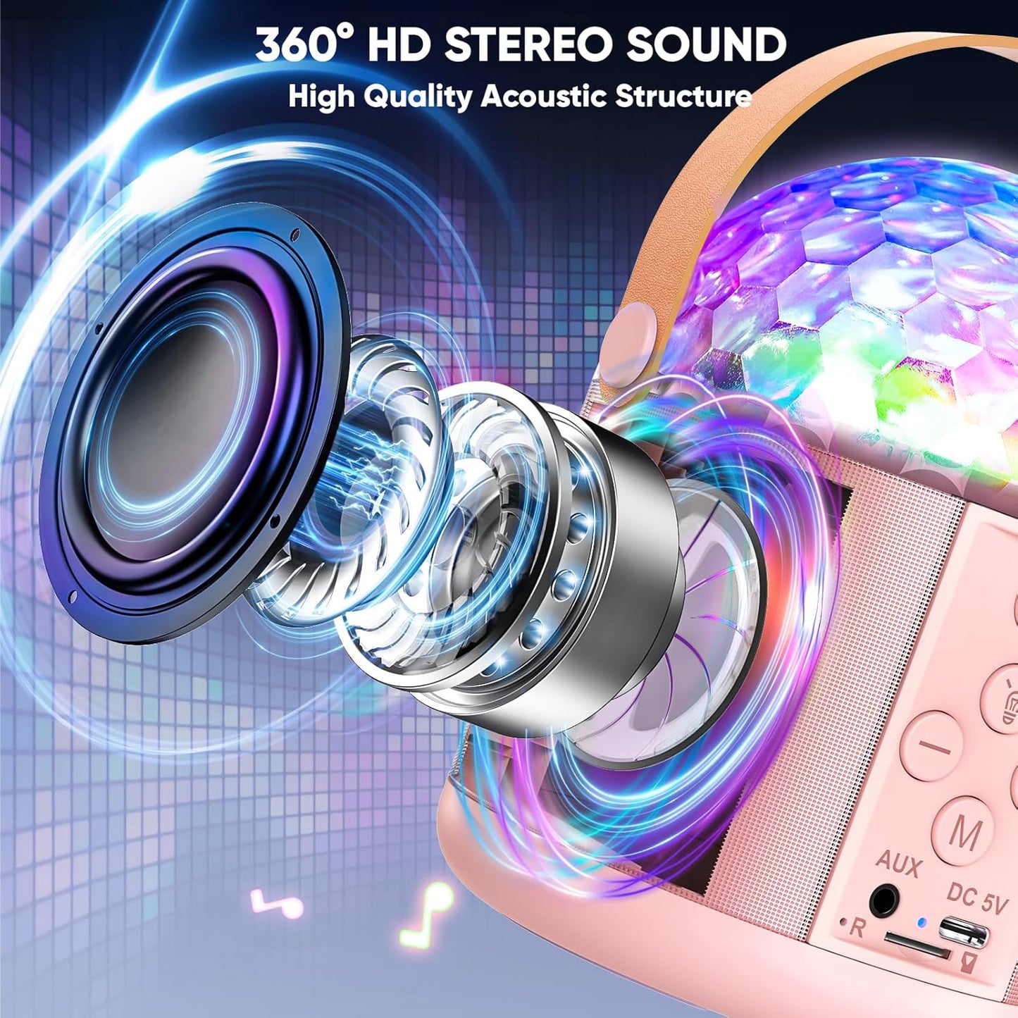 Karaoke Machine with Disco LED Lights for Adults Kids, Portable Bluetooth Speaker with 2 Wireless Microphone Xmas Toys Gifts for Girls Boys Birthday Family Home Party